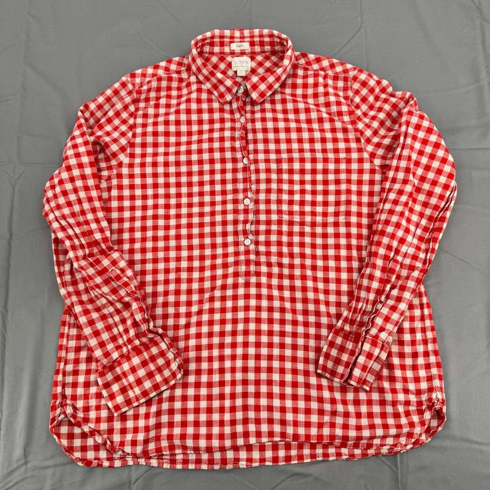 J. Crew Boy Fit Gingham Half Button Shirt Size L Red White